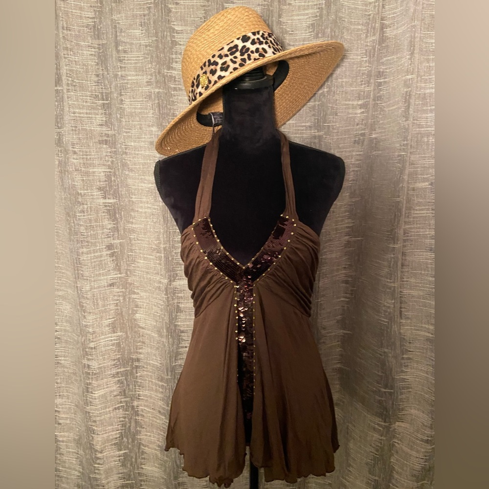 BCBGMaxAzria Brown Halter Sequin Trim Camisole